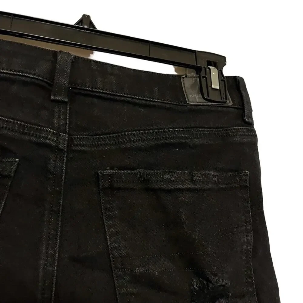 AMERICAN EAGLE MOM SHORTS Solid Black Zip Fly High Rise Roll Cuff Jeans Denim 4